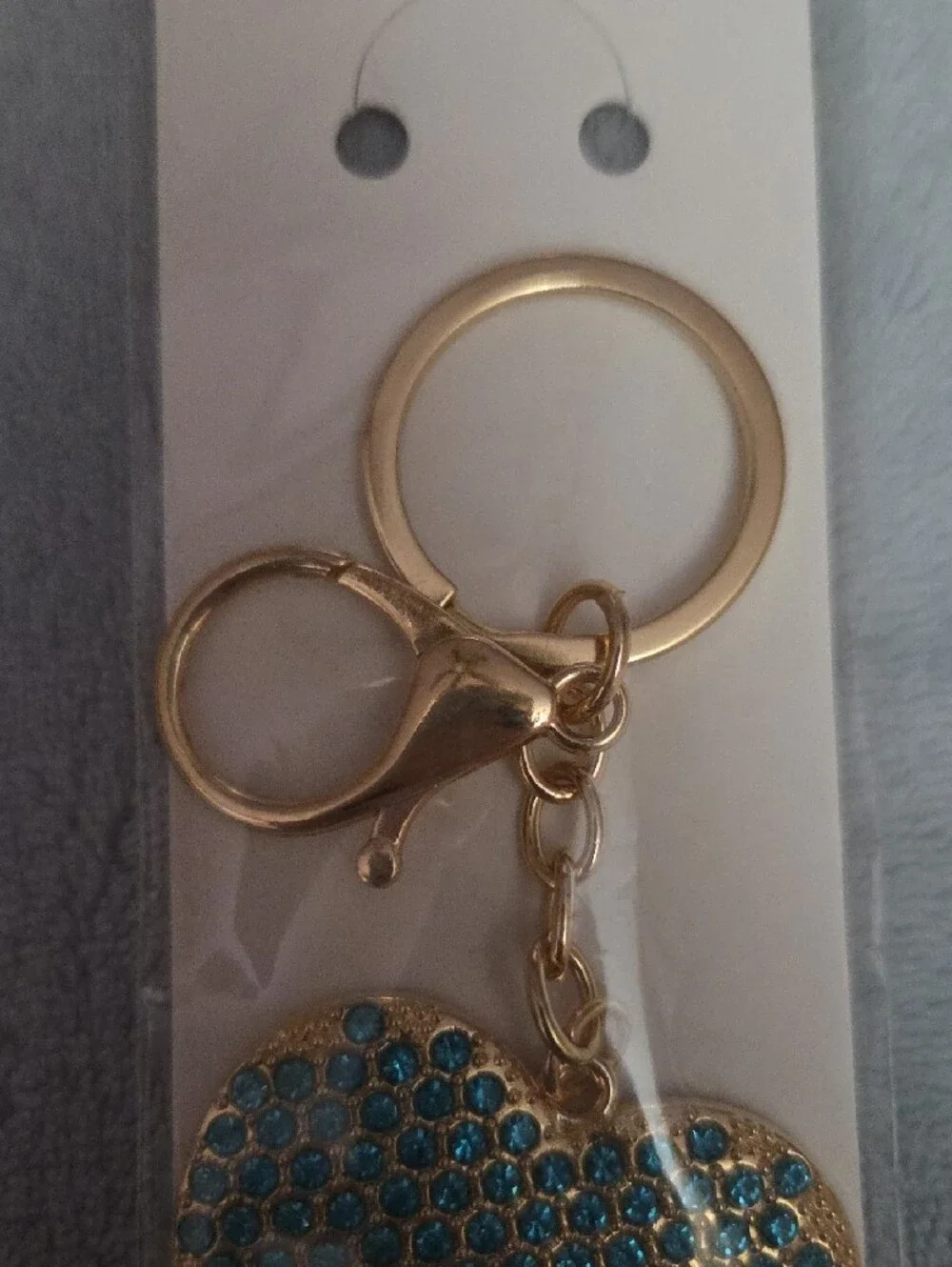 Gold Keychain with Blue Crystal Heart Charm NWOT